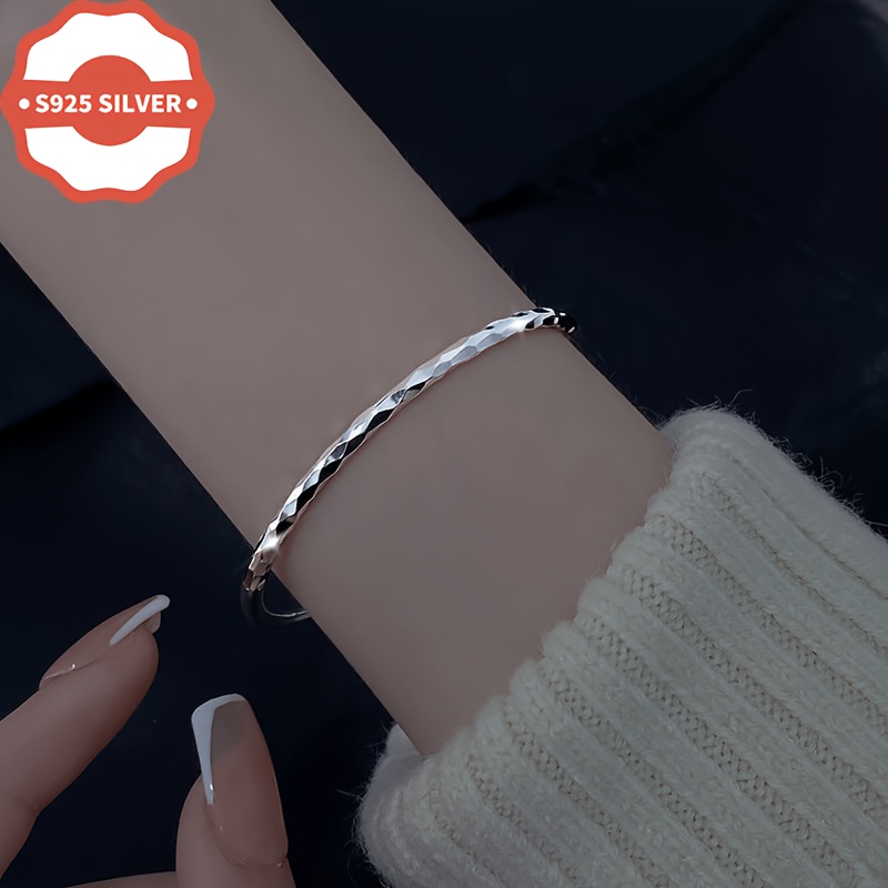 Women's 925 Hypoallergenic Cut-Face Bracelet, Adjustable Bangle